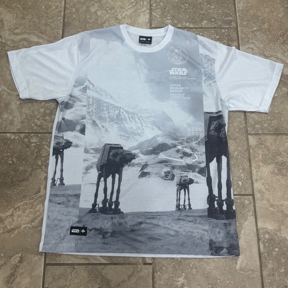 LRG Star Wars Battle of Hoth AT-AT All Over Print T-Shirt Mens XL White Gray